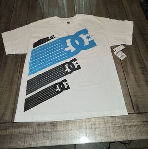 NWT DC White Tee with Blue & Black Stripe Graphic